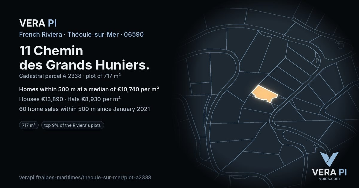 11 Chemin des Grands Huniers, Théoule-sur-Mer at night – the plot lit, the parcels around coloured by the prices near them