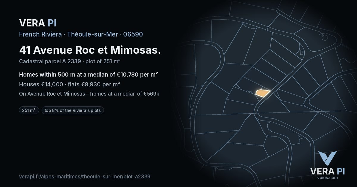 41 Avenue Roc et Mimosas, Théoule-sur-Mer at night – the plot lit, the parcels around coloured by the prices near them