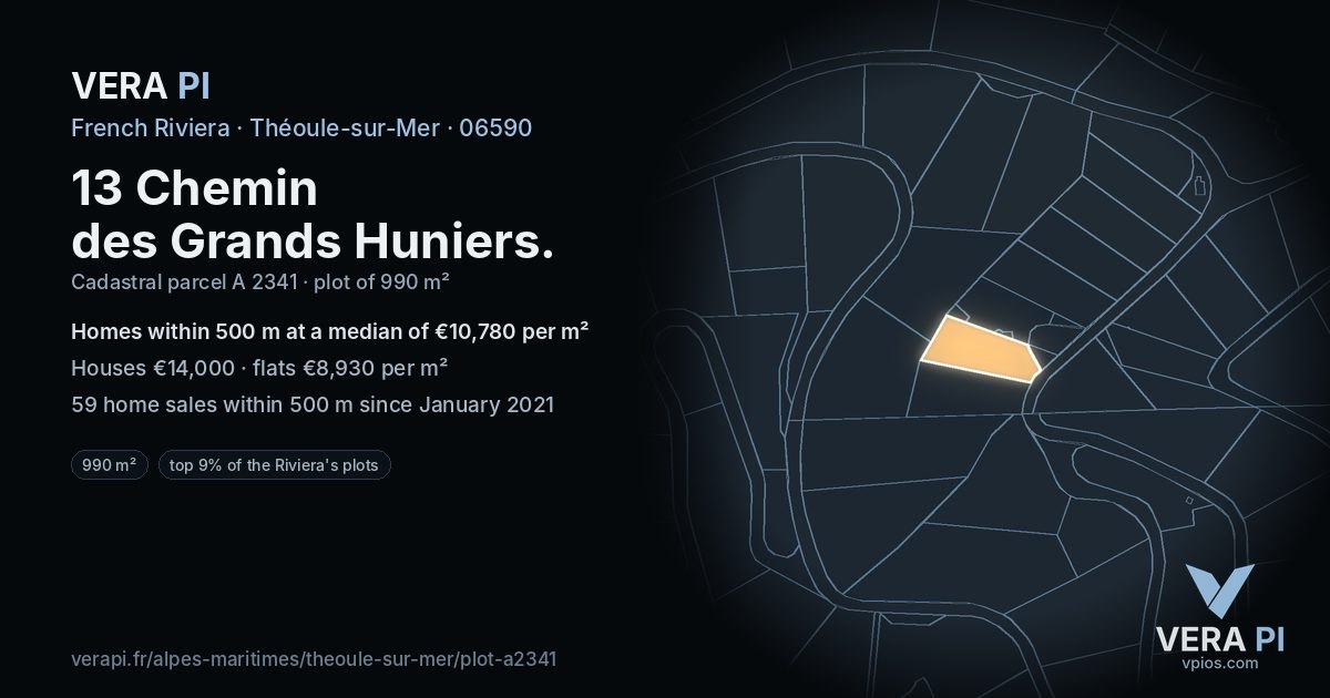 13 Chemin des Grands Huniers, Théoule-sur-Mer at night – the plot lit, the parcels around coloured by the prices near them