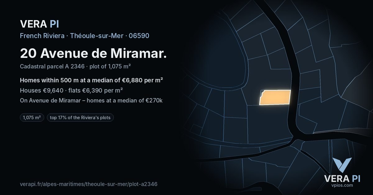 20 Avenue de Miramar, Théoule-sur-Mer at night – the plot lit, the parcels around coloured by the prices near them