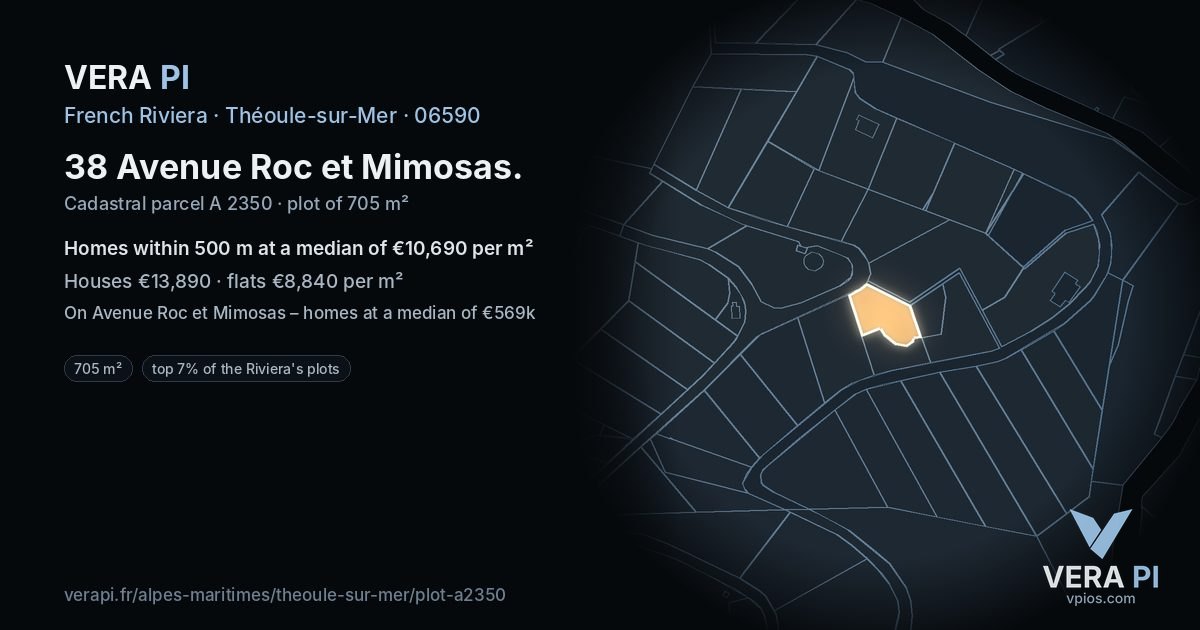 38 Avenue Roc et Mimosas, Théoule-sur-Mer at night – the plot lit, the parcels around coloured by the prices near them