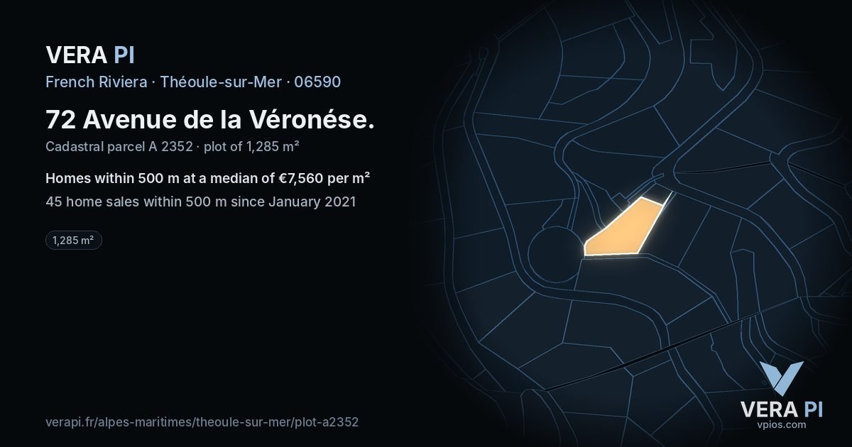 72 Avenue de la Véronése, Théoule-sur-Mer at night – the plot lit, the parcels around coloured by the prices near them