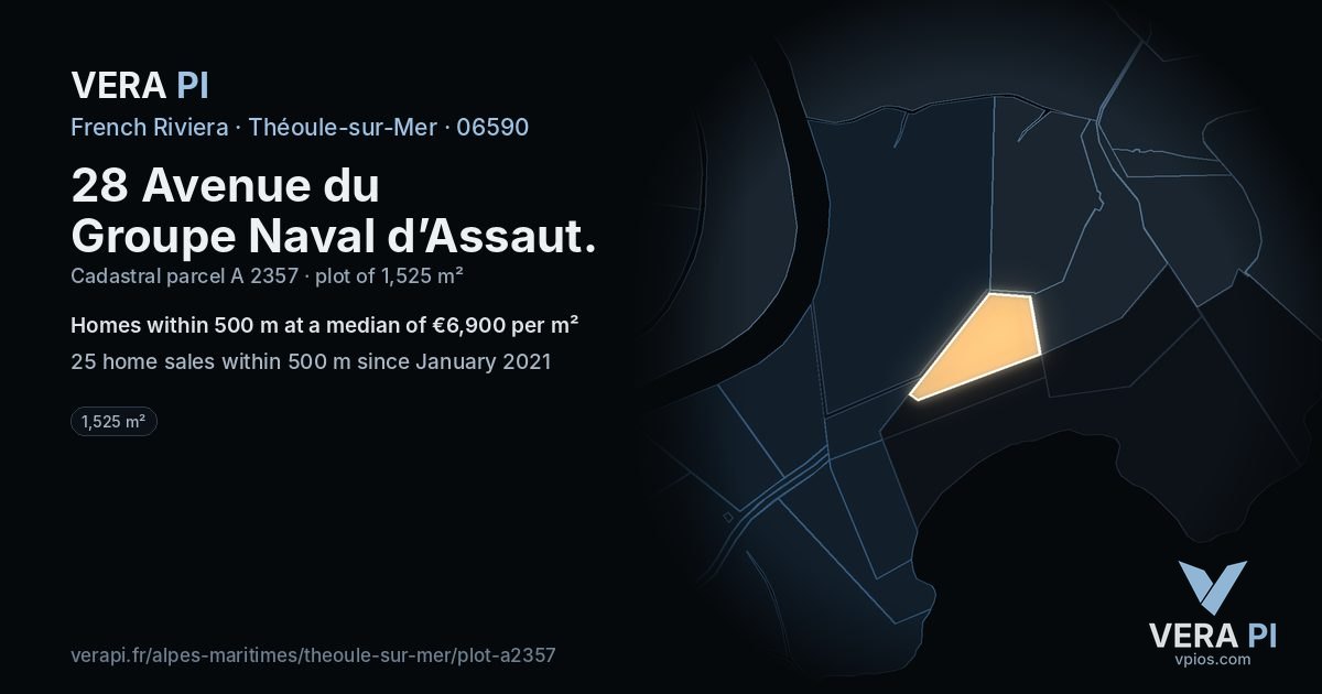 28 Avenue du Groupe Naval d’Assaut, Théoule-sur-Mer at night – the plot lit, the parcels around coloured by the prices near them