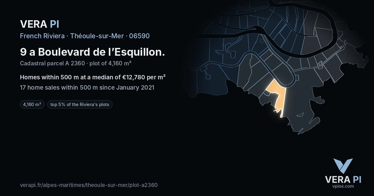 9 a Boulevard de l’Esquillon, Théoule-sur-Mer at night – the plot lit, the parcels around coloured by the prices near them