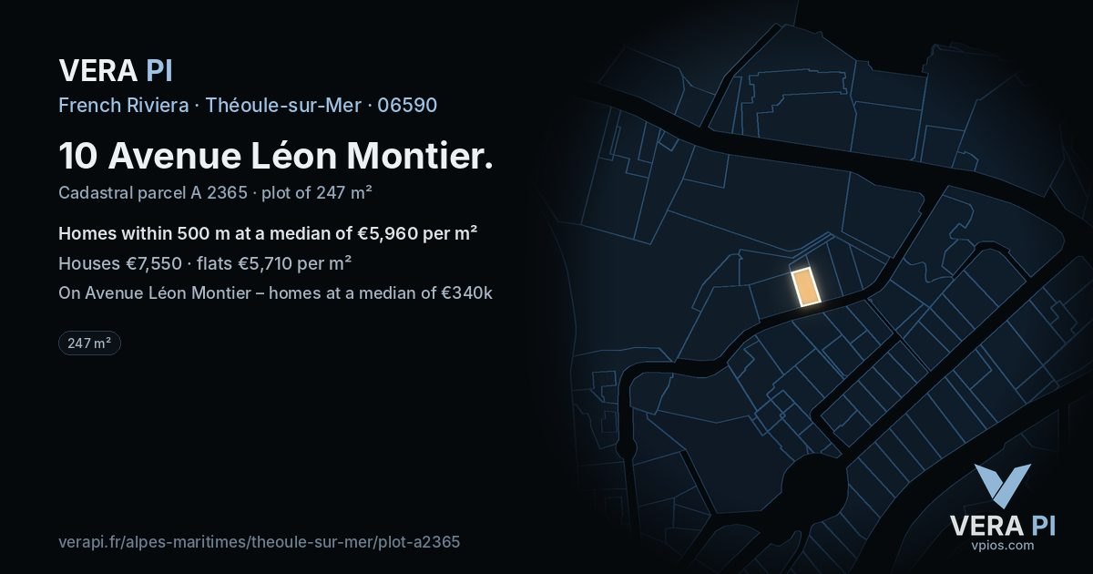 10 Avenue Léon Montier, Théoule-sur-Mer at night – the plot lit, the parcels around coloured by the prices near them