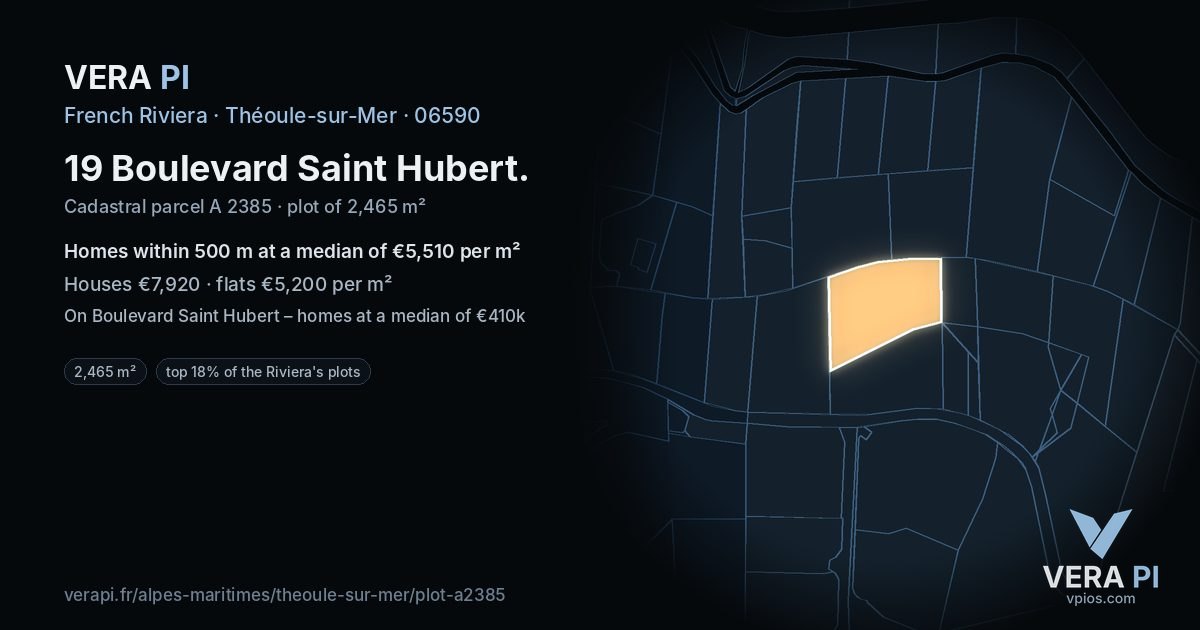 19 Boulevard Saint Hubert, Théoule-sur-Mer at night – the plot lit, the parcels around coloured by the prices near them
