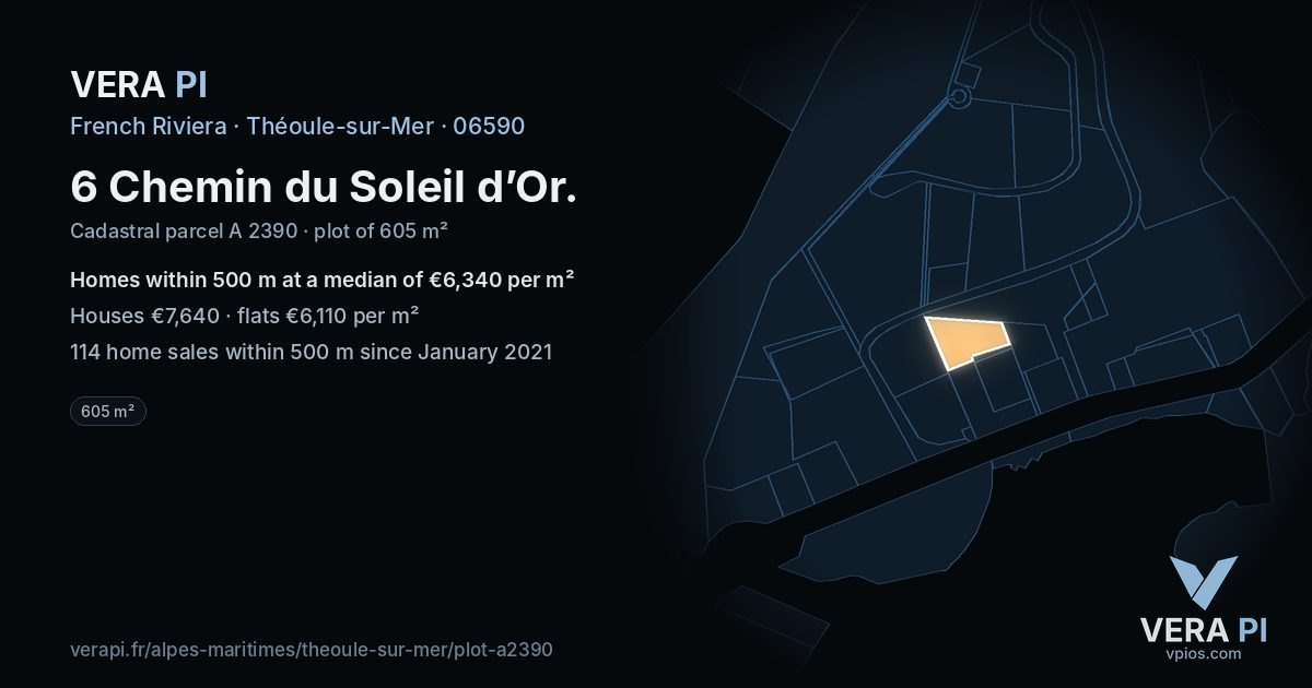 6 Chemin du Soleil d’Or, Théoule-sur-Mer at night – the plot lit, the parcels around coloured by the prices near them