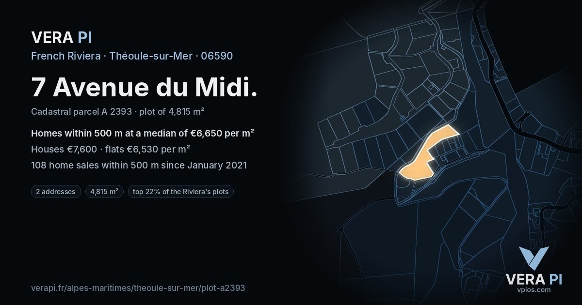 7 Avenue du Midi, Théoule-sur-Mer at night – the plot lit, the parcels around coloured by the prices near them