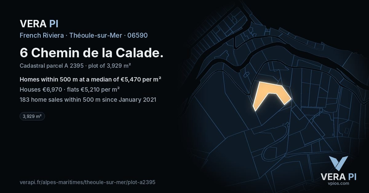 6 Chemin de la Calade, Théoule-sur-Mer at night – the plot lit, the parcels around coloured by the prices near them