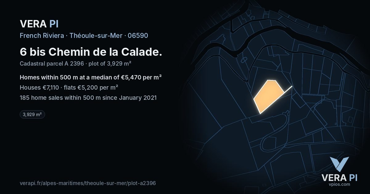 6 bis Chemin de la Calade, Théoule-sur-Mer at night – the plot lit, the parcels around coloured by the prices near them