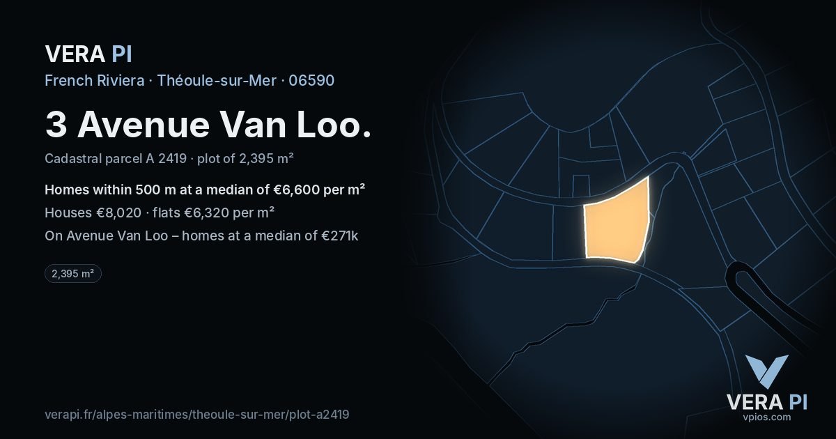 3 Avenue Van Loo, Théoule-sur-Mer at night – the plot lit, the parcels around coloured by the prices near them