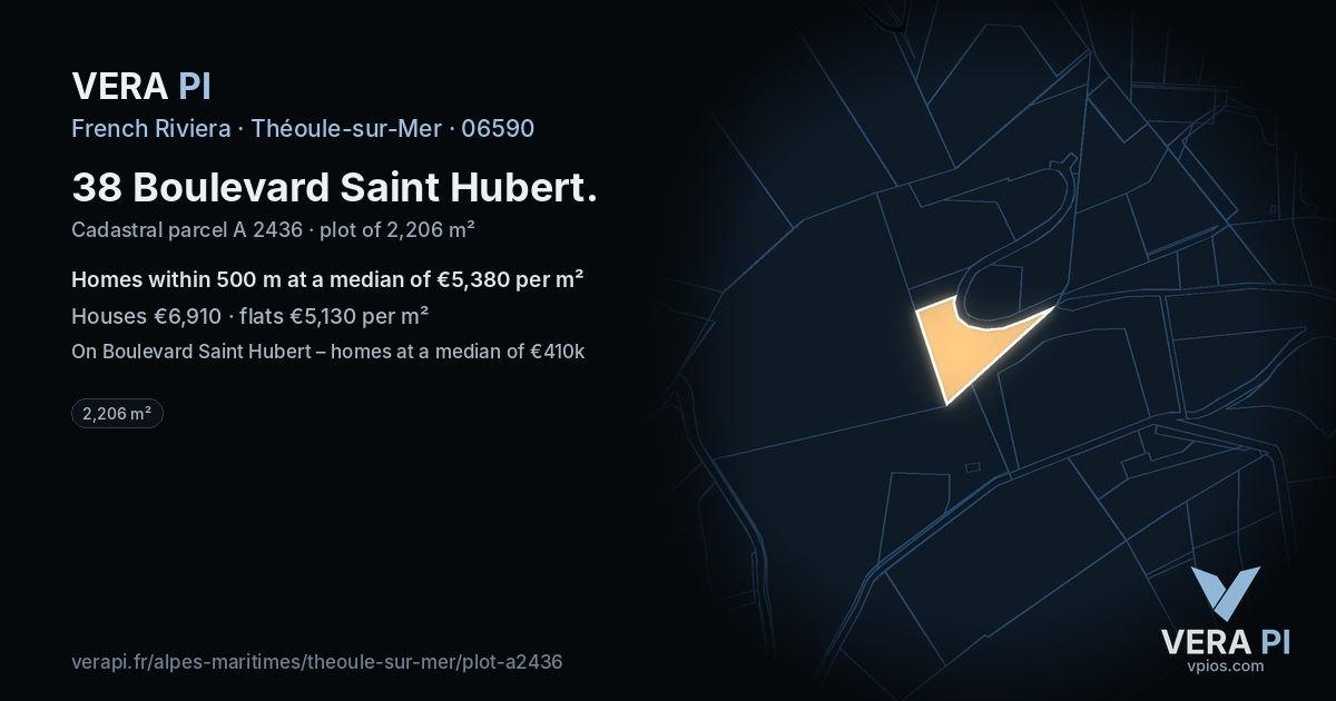 38 Boulevard Saint Hubert, Théoule-sur-Mer at night – the plot lit, the parcels around coloured by the prices near them