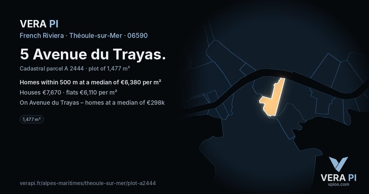 5 Avenue du Trayas, Théoule-sur-Mer at night – the plot lit, the parcels around coloured by the prices near them