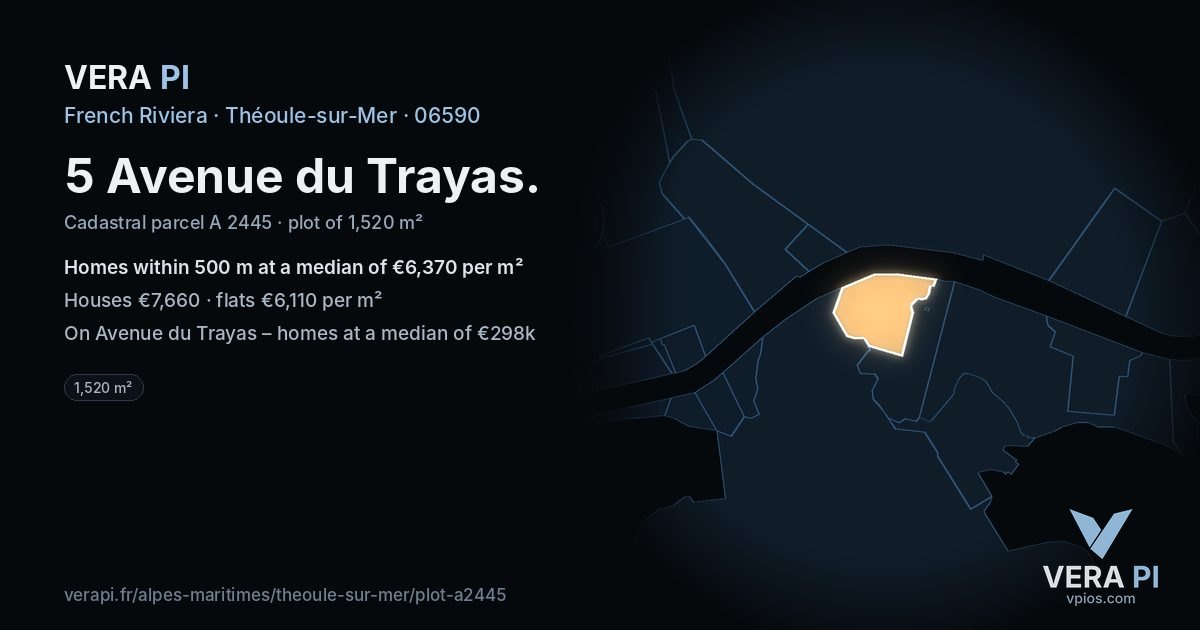 5 Avenue du Trayas, Théoule-sur-Mer at night – the plot lit, the parcels around coloured by the prices near them