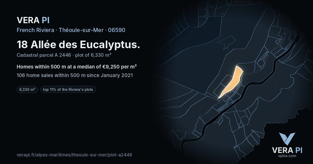 18 Allée des Eucalyptus, Théoule-sur-Mer at night – the plot lit, the parcels around coloured by the prices near them
