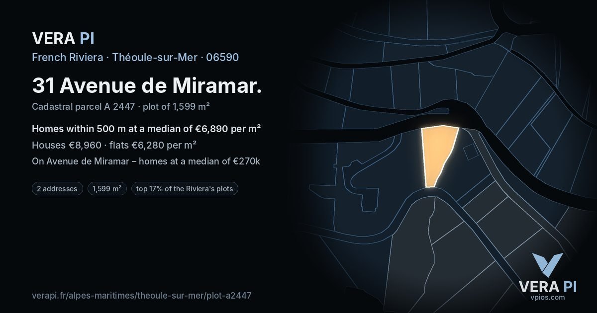 31 Avenue de Miramar, Théoule-sur-Mer at night – the plot lit, the parcels around coloured by the prices near them