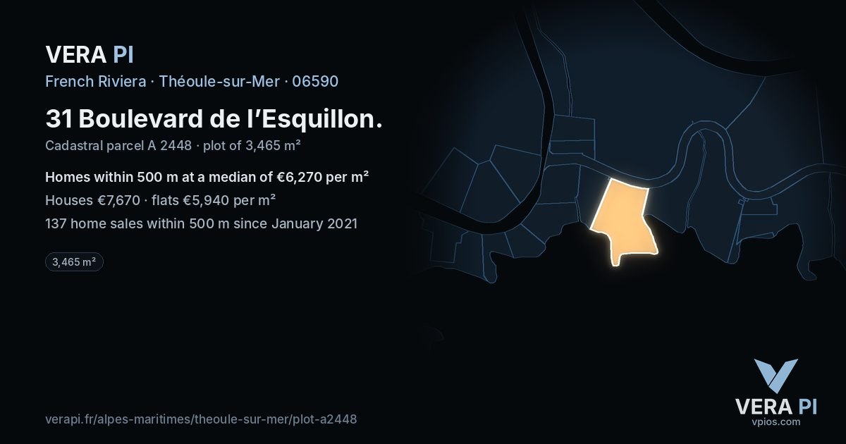 31 Boulevard de l’Esquillon, Théoule-sur-Mer at night – the plot lit, the parcels around coloured by the prices near them