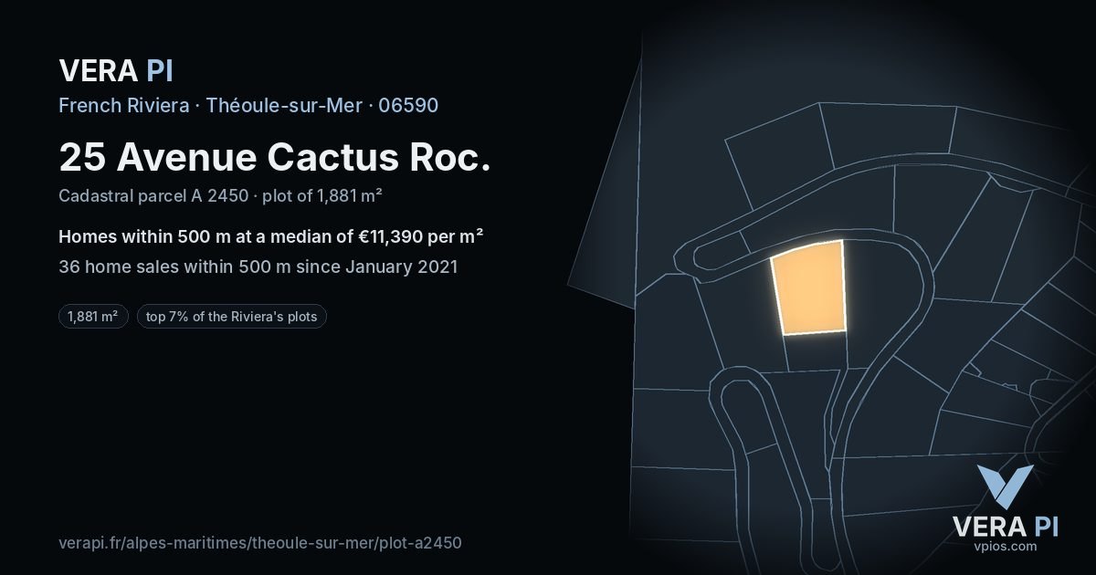 25 Avenue Cactus Roc, Théoule-sur-Mer at night – the plot lit, the parcels around coloured by the prices near them