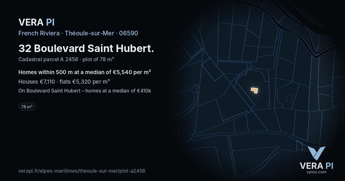 32 Boulevard Saint Hubert, Théoule-sur-Mer at night – the plot lit, the parcels around coloured by the prices near them
