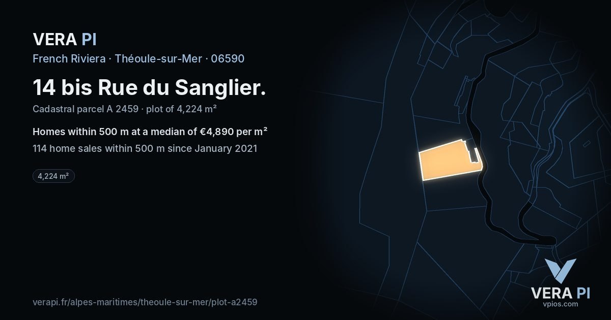 14 bis Rue du Sanglier, Théoule-sur-Mer at night – the plot lit, the parcels around coloured by the prices near them