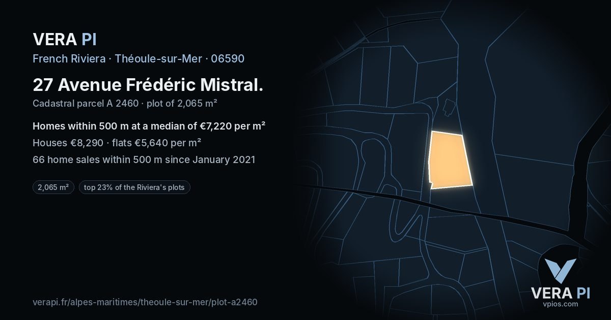 27 Avenue Frédéric Mistral, Théoule-sur-Mer at night – the plot lit, the parcels around coloured by the prices near them
