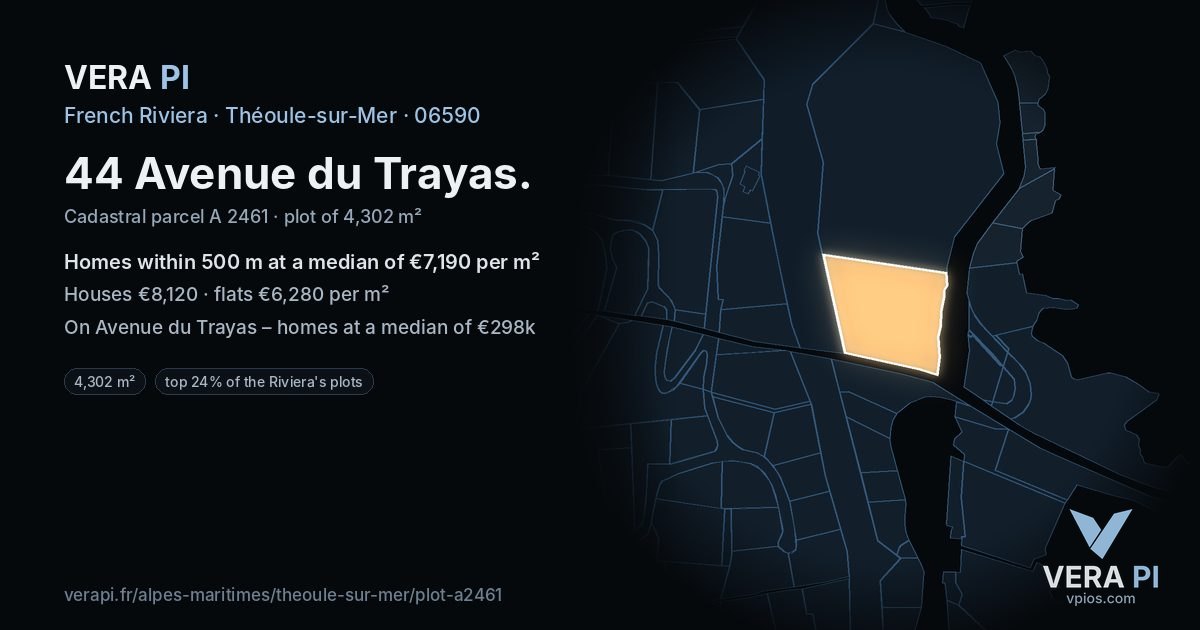 44 Avenue du Trayas, Théoule-sur-Mer at night – the plot lit, the parcels around coloured by the prices near them
