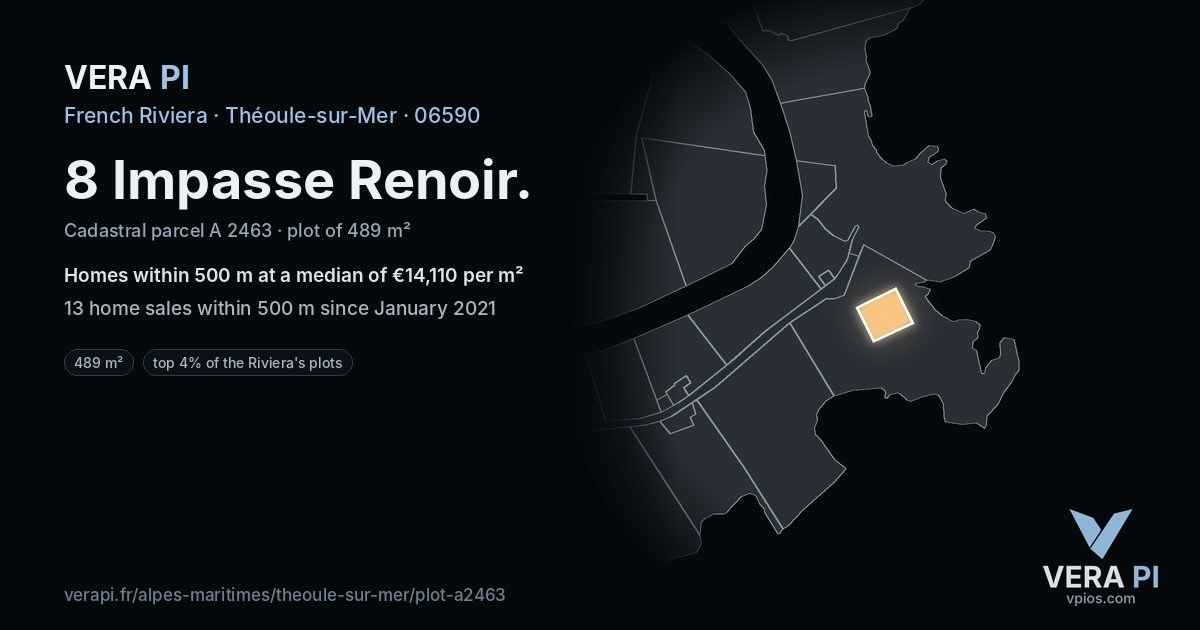8 Impasse Renoir, Théoule-sur-Mer at night – the plot lit, the parcels around coloured by the prices near them