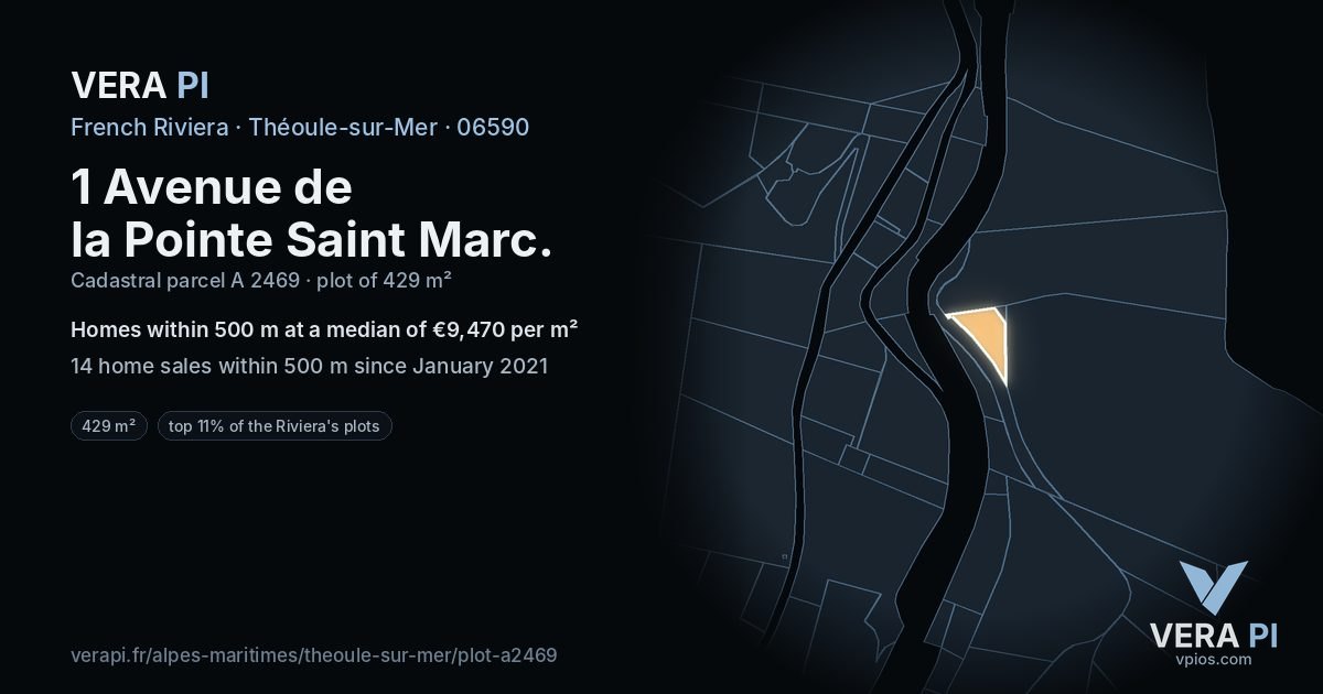 1 Avenue de la Pointe Saint Marc, Théoule-sur-Mer at night – the plot lit, the parcels around coloured by the prices near them