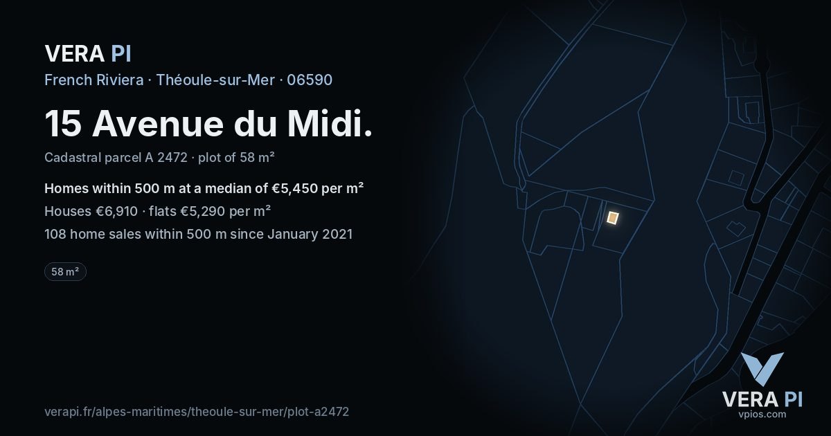 15 Avenue du Midi, Théoule-sur-Mer at night – the plot lit, the parcels around coloured by the prices near them