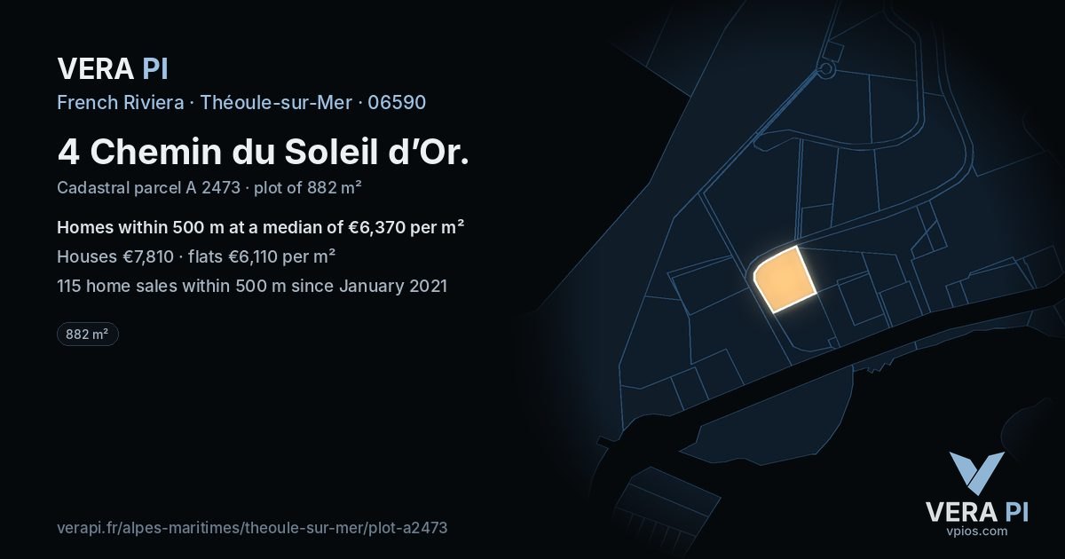 4 Chemin du Soleil d’Or, Théoule-sur-Mer at night – the plot lit, the parcels around coloured by the prices near them