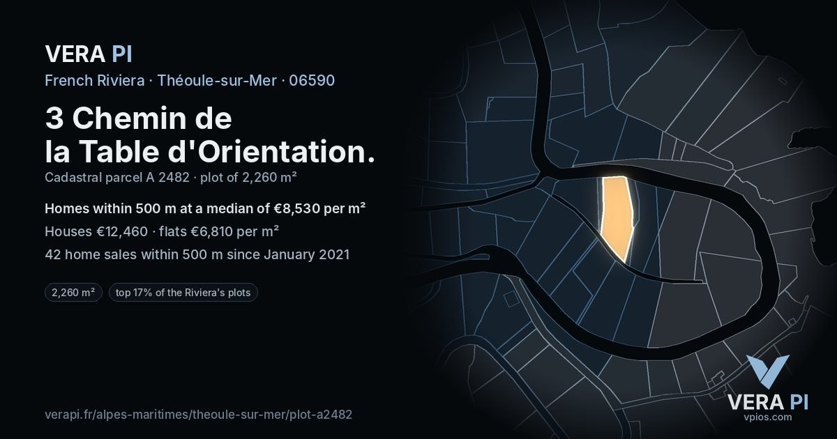 3 Chemin de la Table d'Orientation, Théoule-sur-Mer at night – the plot lit, the parcels around coloured by the prices near them