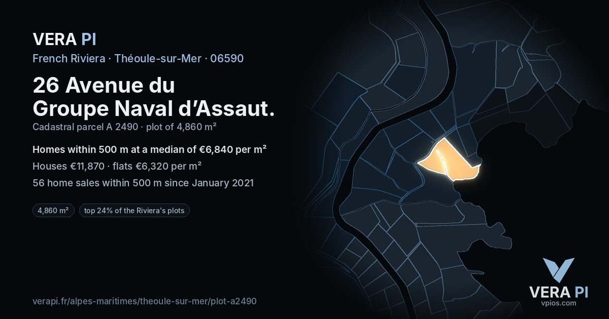 26 Avenue du Groupe Naval d’Assaut, Théoule-sur-Mer at night – the plot lit, the parcels around coloured by the prices near them