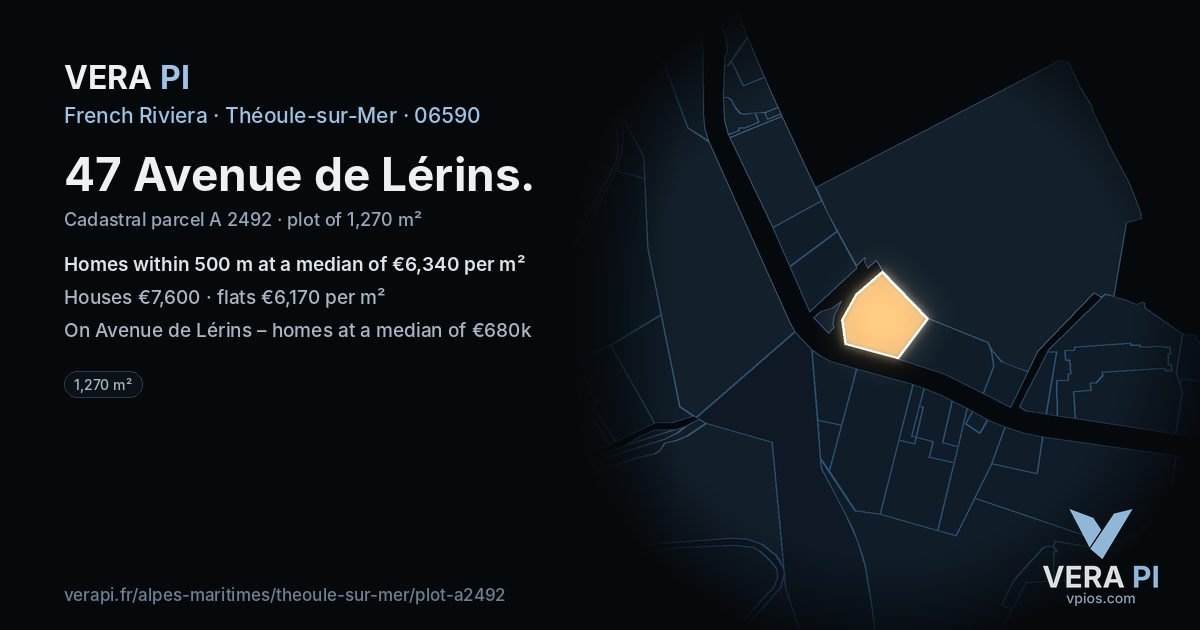 47 Avenue de Lérins, Théoule-sur-Mer at night – the plot lit, the parcels around coloured by the prices near them
