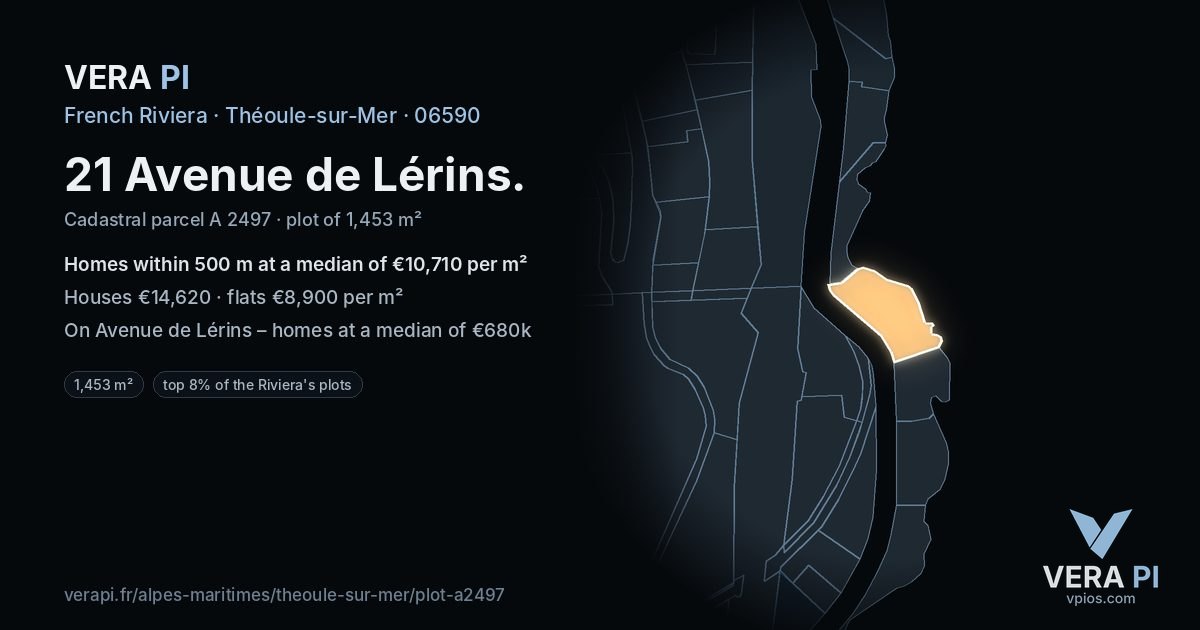 21 Avenue de Lérins, Théoule-sur-Mer at night – the plot lit, the parcels around coloured by the prices near them