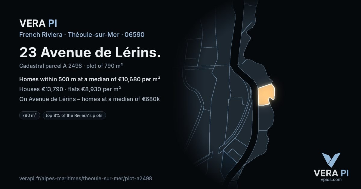 23 Avenue de Lérins, Théoule-sur-Mer at night – the plot lit, the parcels around coloured by the prices near them