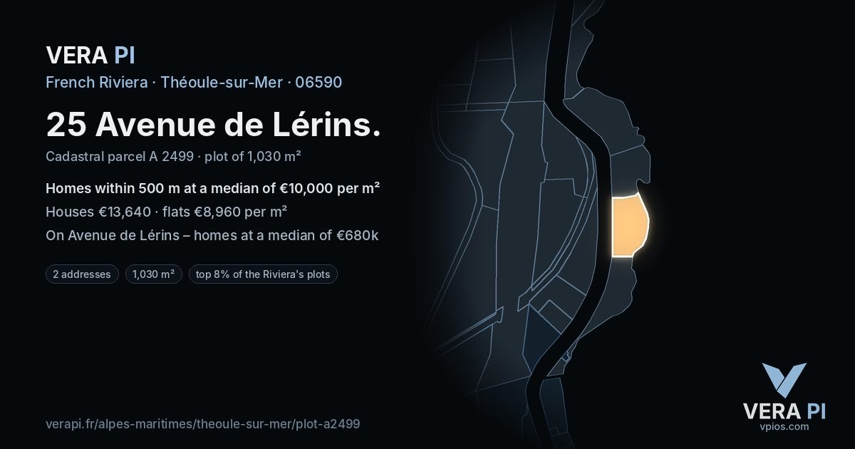 25 Avenue de Lérins, Théoule-sur-Mer at night – the plot lit, the parcels around coloured by the prices near them
