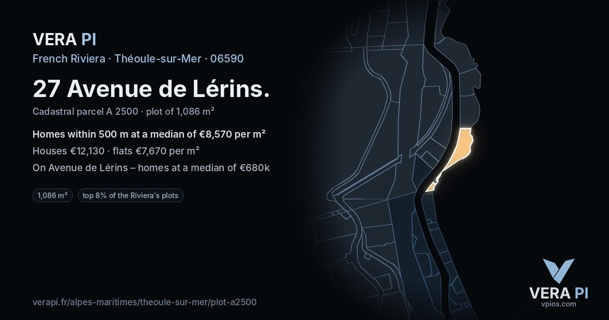 27 Avenue de Lérins, Théoule-sur-Mer at night – the plot lit, the parcels around coloured by the prices near them