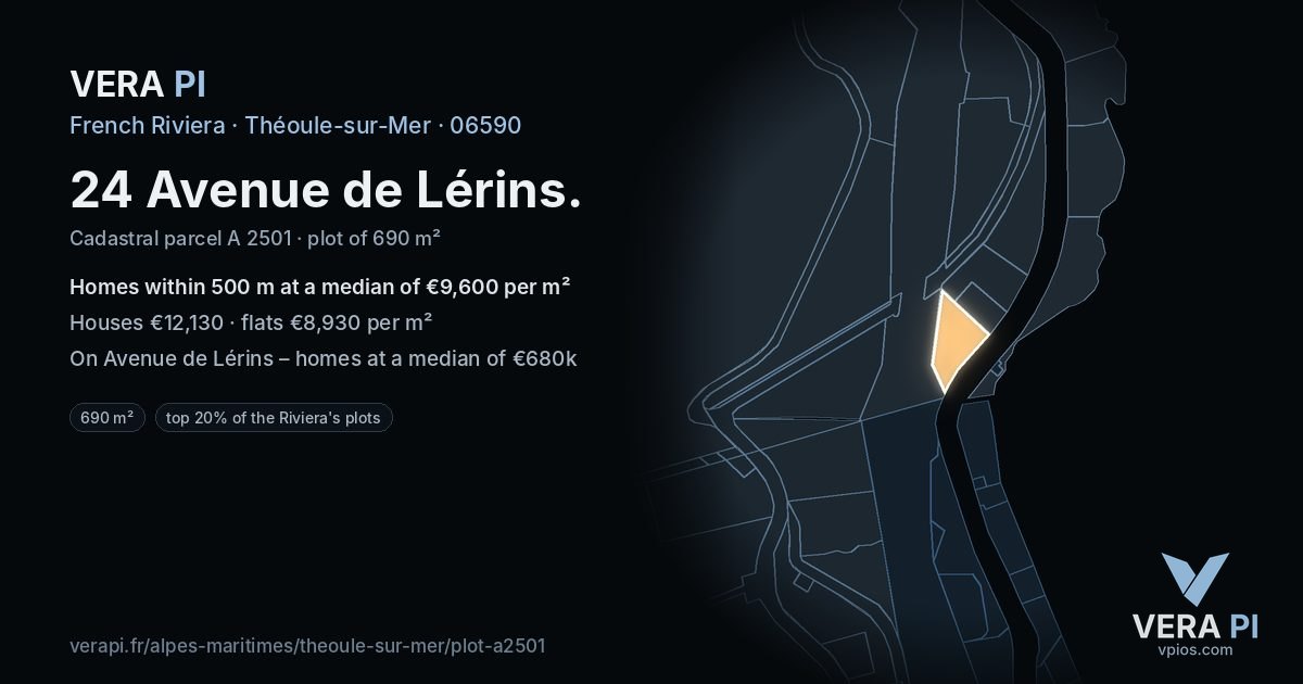 24 Avenue de Lérins, Théoule-sur-Mer at night – the plot lit, the parcels around coloured by the prices near them