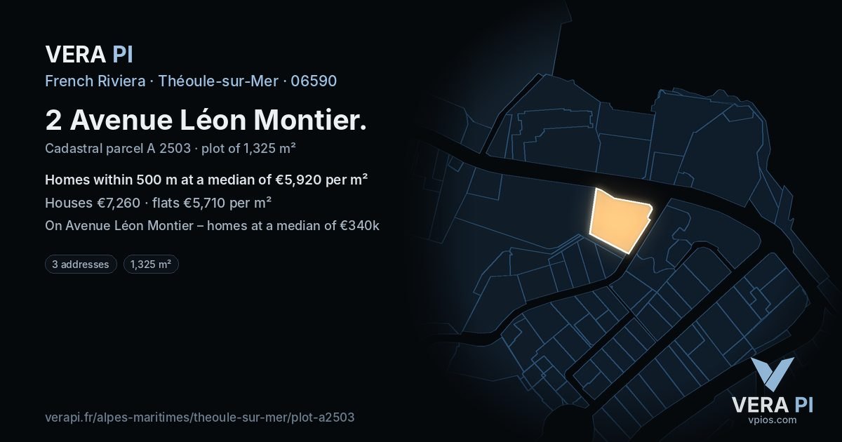 2 Avenue Léon Montier, Théoule-sur-Mer at night – the plot lit, the parcels around coloured by the prices near them