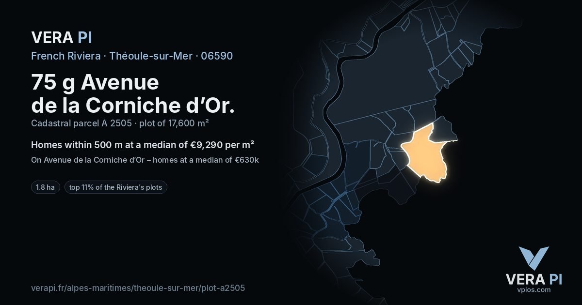 75 g Avenue de la Corniche d’Or, Théoule-sur-Mer at night – the plot lit, the parcels around coloured by the prices near them