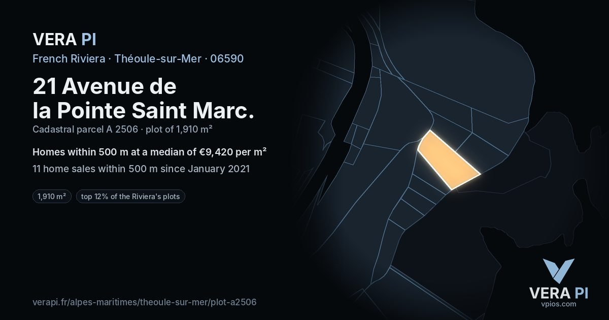21 Avenue de la Pointe Saint Marc, Théoule-sur-Mer at night – the plot lit, the parcels around coloured by the prices near them