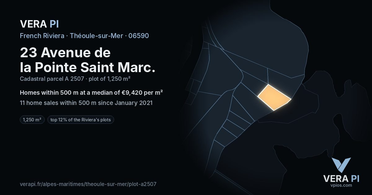 23 Avenue de la Pointe Saint Marc, Théoule-sur-Mer at night – the plot lit, the parcels around coloured by the prices near them