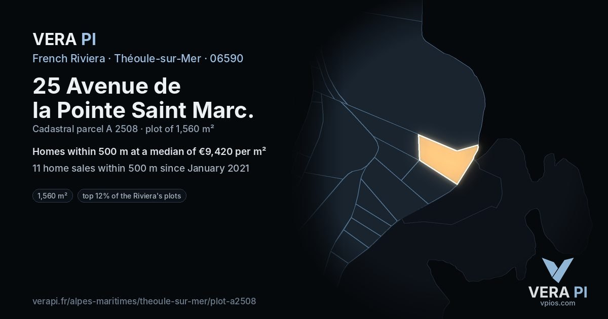 25 Avenue de la Pointe Saint Marc, Théoule-sur-Mer at night – the plot lit, the parcels around coloured by the prices near them