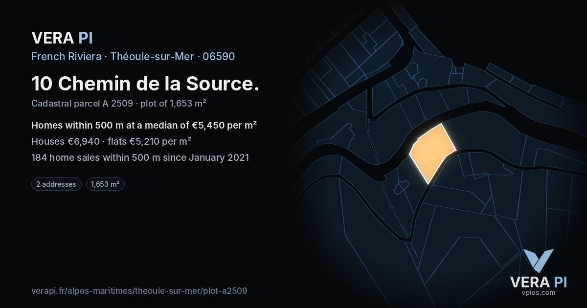 10 Chemin de la Source, Théoule-sur-Mer at night – the plot lit, the parcels around coloured by the prices near them