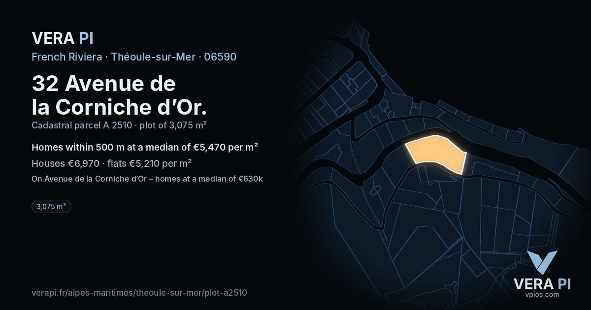 32 Avenue de la Corniche d’Or, Théoule-sur-Mer at night – the plot lit, the parcels around coloured by the prices near them