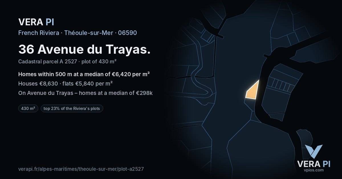 36 Avenue du Trayas, Théoule-sur-Mer at night – the plot lit, the parcels around coloured by the prices near them