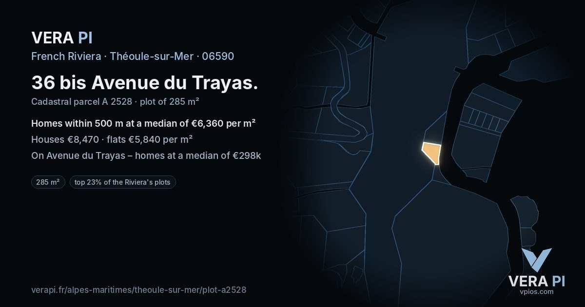 36 bis Avenue du Trayas, Théoule-sur-Mer at night – the plot lit, the parcels around coloured by the prices near them
