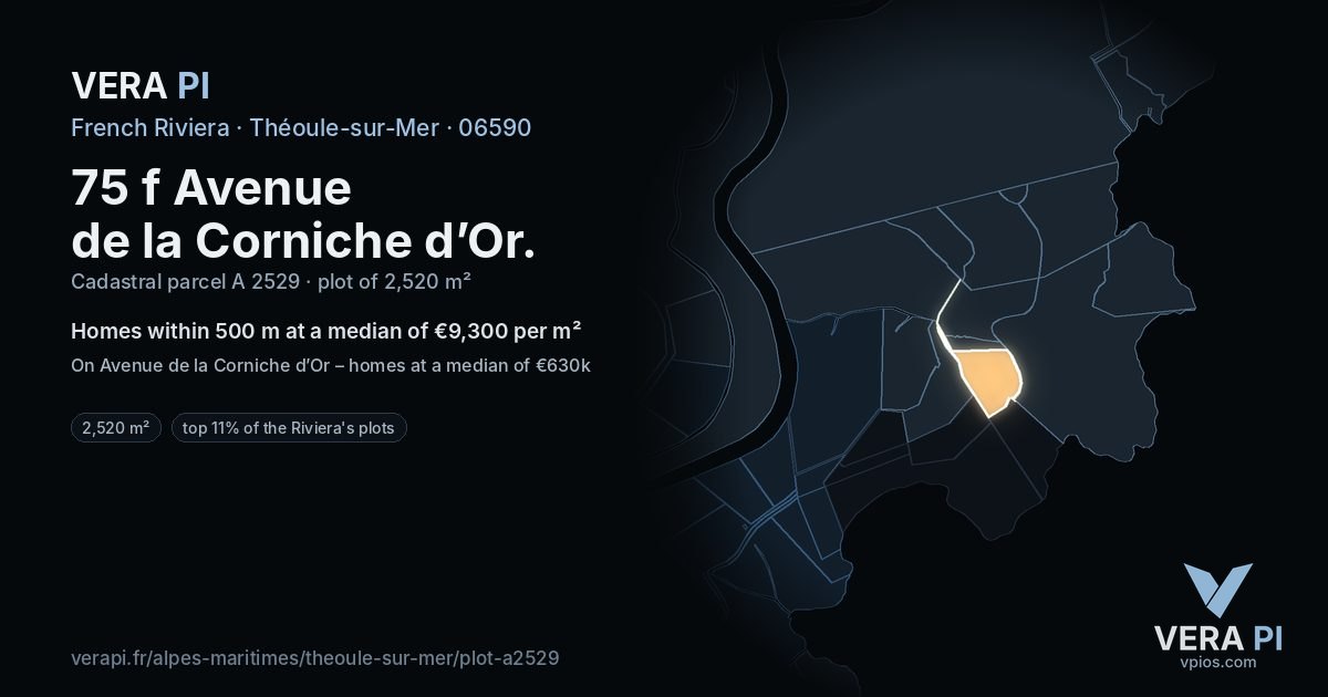 75 f Avenue de la Corniche d’Or, Théoule-sur-Mer at night – the plot lit, the parcels around coloured by the prices near them