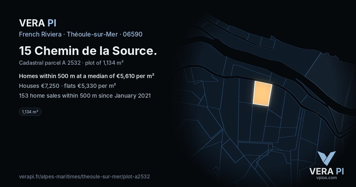 15 Chemin de la Source, Théoule-sur-Mer at night – the plot lit, the parcels around coloured by the prices near them