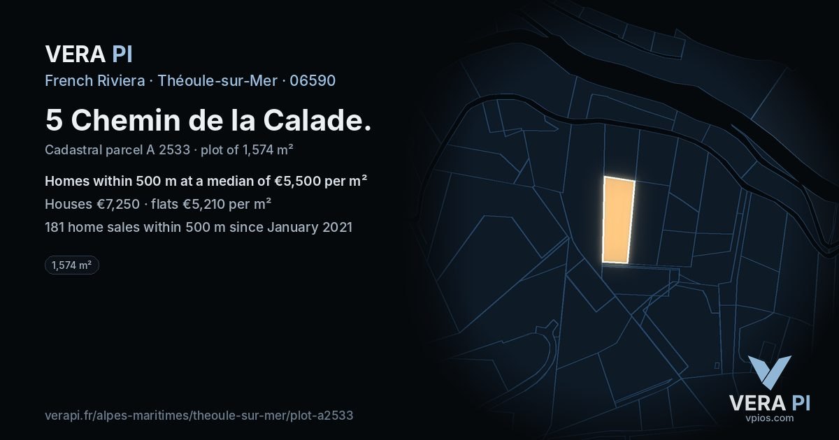 5 Chemin de la Calade, Théoule-sur-Mer at night – the plot lit, the parcels around coloured by the prices near them